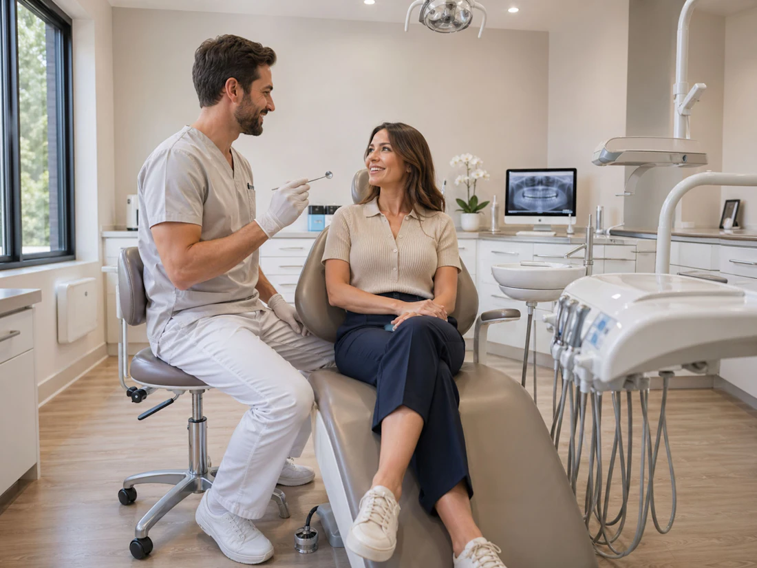 Dentista conversando com paciente